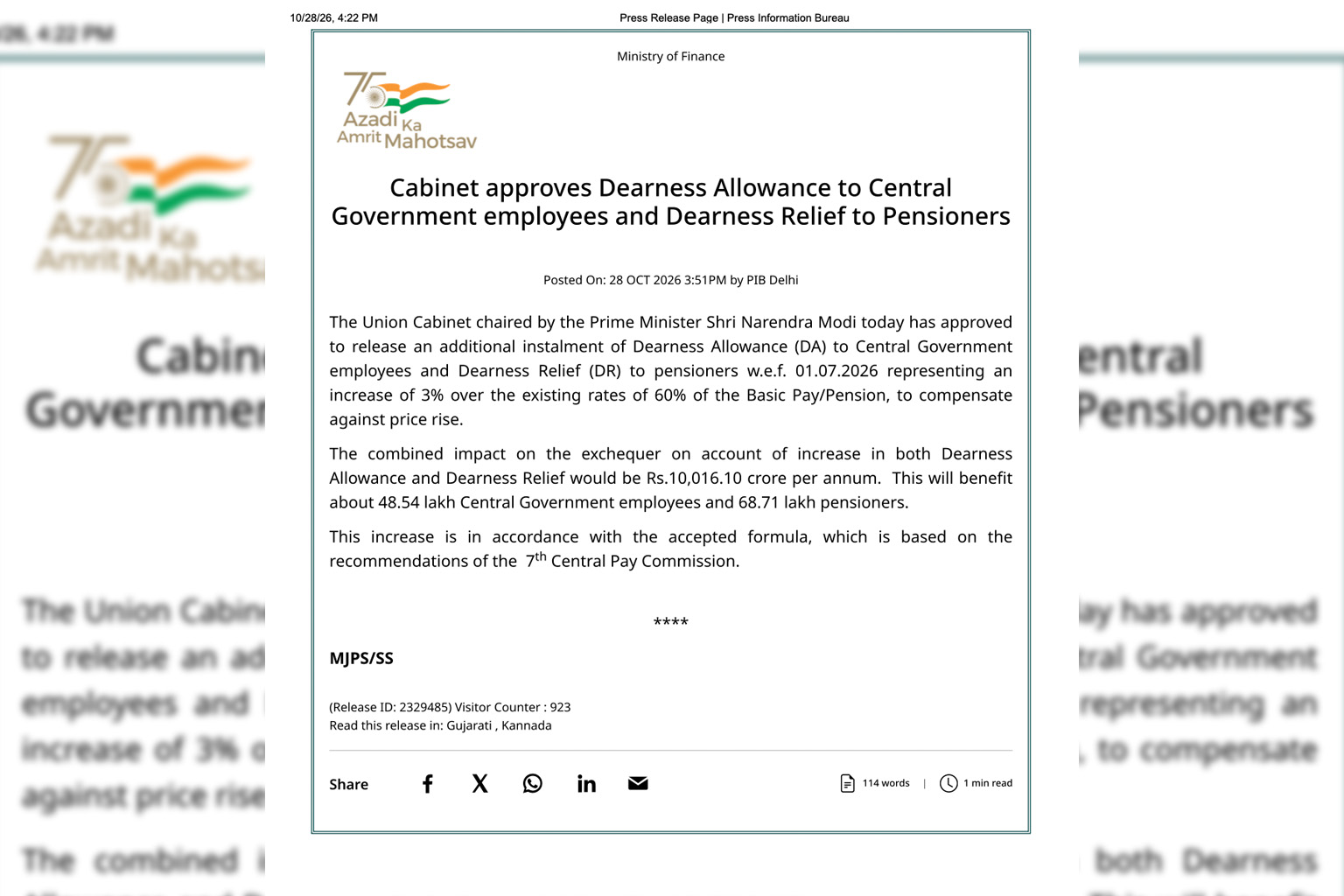 DA/DR Hike July 2026: Cabinet Approves 3% Increase to 63% for Central Government Employees and Pensioners