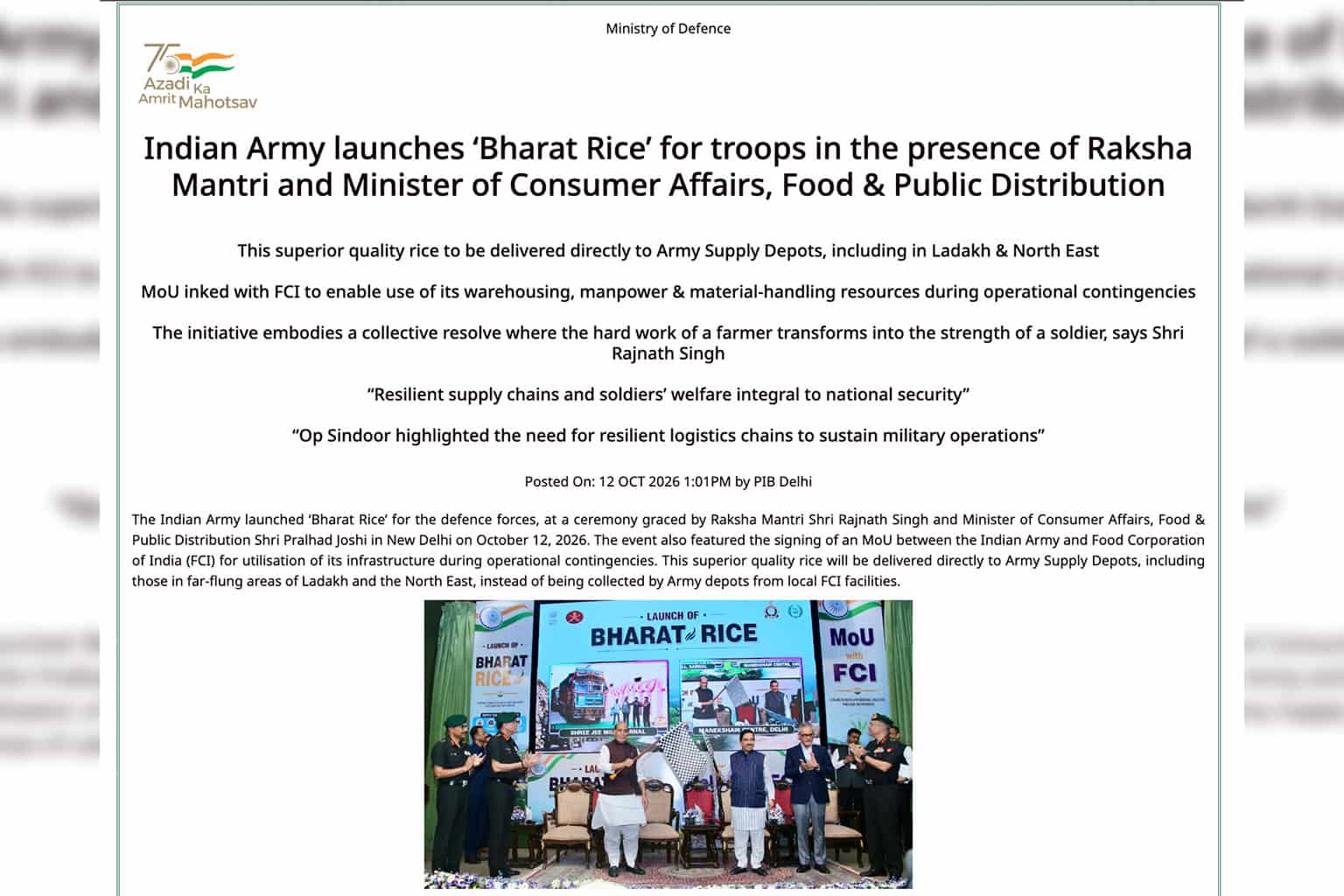 Indian Army Bharat Rice 2026: Better troop rations, direct supply to Ladakh & North-East and 5-year FCI MoU explained